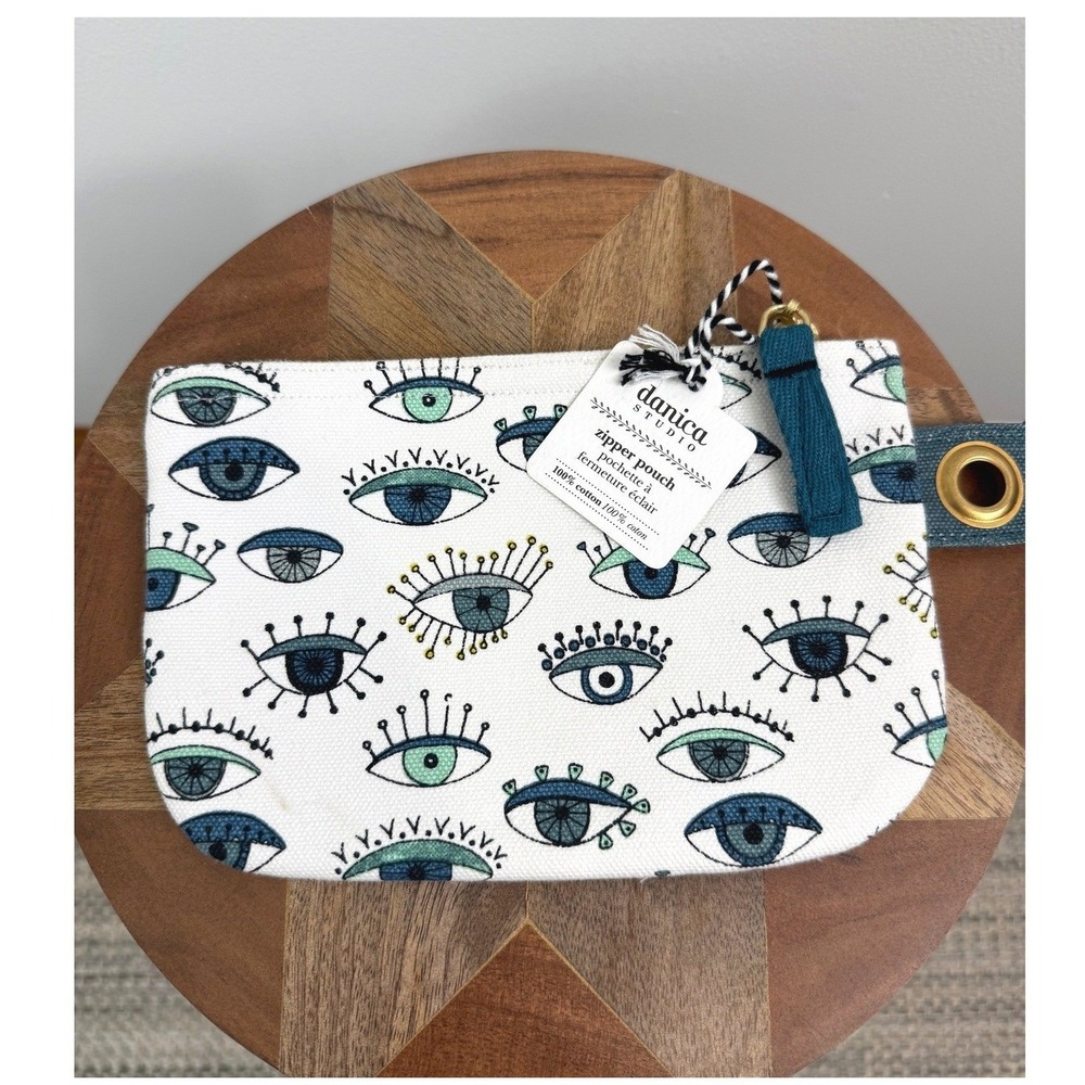 Danica Studio Zip Pouch Small Birdland Cotton Canvas Eye Print Makeup Bag Boho